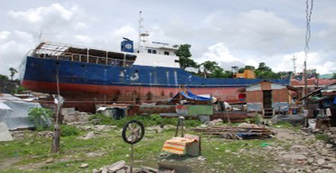 Ship carried in land by floods